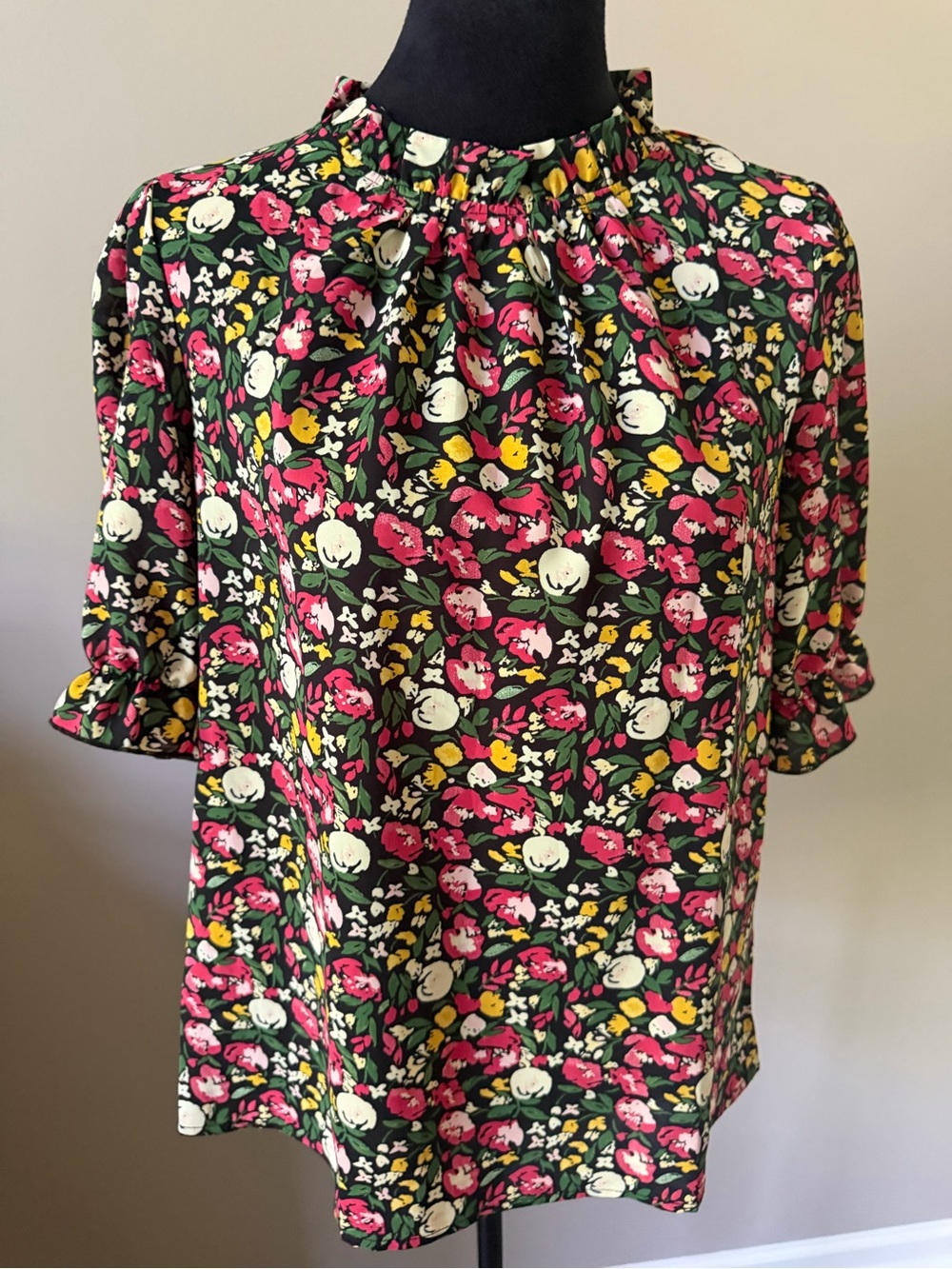 BTFBM Floral Puff-Sleeve Blouse Ruffle Green/Pink Small